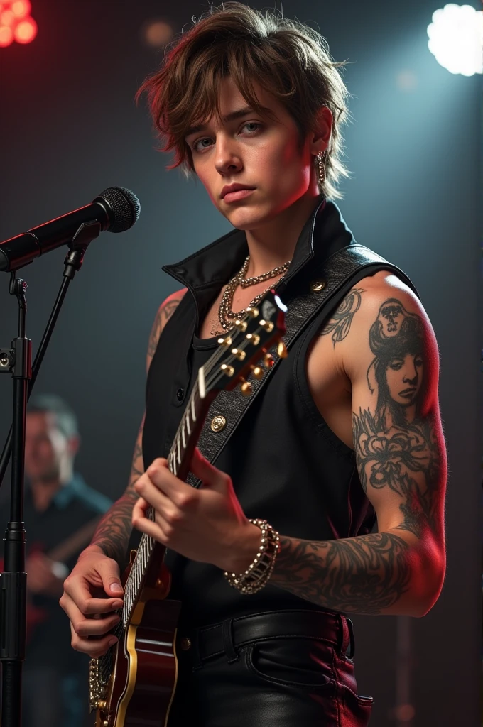 Young Caucasian rock singer, tattooed brown stylish hair and slim defined with tattoos on arms , roupa moderna 