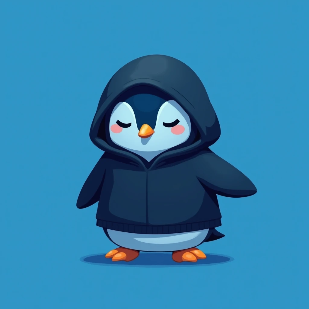 Resistance penguin coin , black hoodie , blue penguin , blue background , cute , eyes closed , mysterious , head bowed