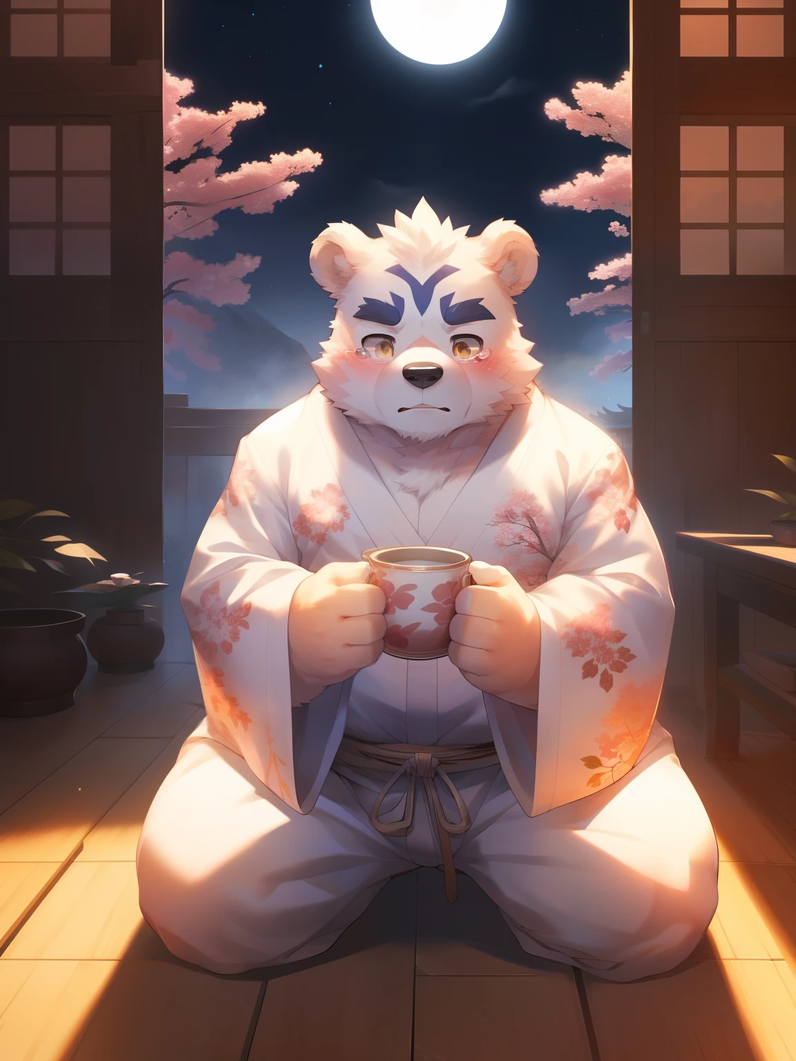 (Onmyoji Daisenji Temple), High quality photos, Perfect anatomical structure, Anthropomorphic white bear, male, 20 years old,  (bear print), Thick eyebrows, short hair, Strong body, Pectoralis major, White Kimono, Cherry blossom pattern embellishment, Small bump, Pink milk clusters, Kneeling on the wooden floor of the courtyard, Drink tea, Sad expression, Tears, blush, Golden pupils, Look up at the audience, Clear facial features, Strong, solitary, top view, Full body portrait, night, Foggy atmosphere, In the classical garden, White pebbles can be seen everywhere, wild plants,  (By Empty Ghost, From bear20, masterpiece, high quality, high resolution, 8k)