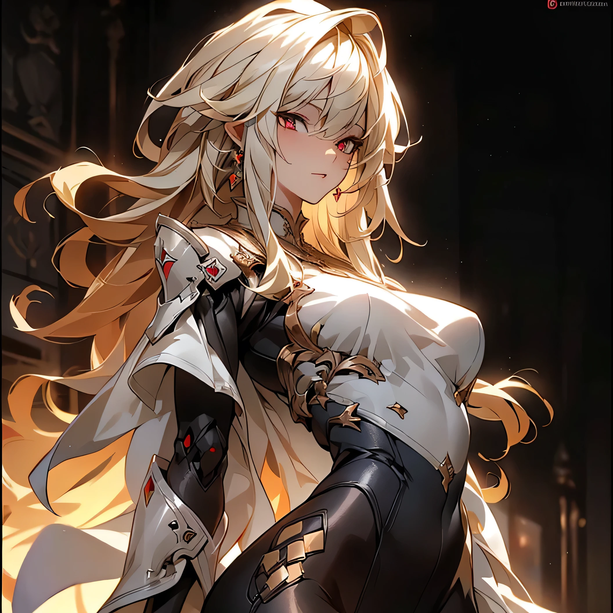 (best quality)), ((Masterpiece)), (details:1.4), 3d, HDR (high dynamic range), an image of a beautiful cyberpunk female, Blonde hair, Curtain Bangs, Red eyes, hips up, จมูกโด่ง, ปากแดง, หน้าอกใหญ่, nvidia RTX, PBR surface, After processing, Anisotropic filtration,depth of field, Maximum clarity and clarity, multi-layered surface, Subsurface scattering, perfect proportions, 8K raw files, ultra detailed, Perfect proportions, volumetric lighting, soft lighting, Holy Paladin, Heavy Armor, glossy skin, gorgeous, intricate grey background, strong back lighting, jewely, ต่างหู, นิ้วมือสมบูรณ์, กระโปรงสั้น