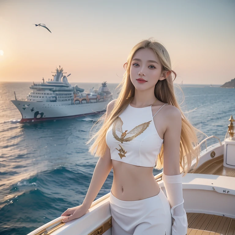 (((Masterpiece, best quality best, KHD, Highly detailed)))), ((((Daydream))), man, (Elf Woman)))), (White short dress embroidered with gold thread), (Blonde with long straight hair), (Sparkling dark green eyes), (White crop top with gold embroidery), bigger, (((On the deck of a ship sailing at sea)), (The vast sea))), (There are clouds visible in the sky.)), (( Seagulls fly in the sky.)), smile, (The wind blows gently.), light particles can fly