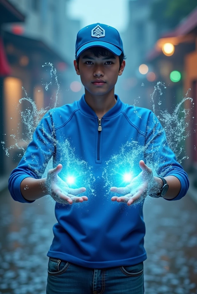 a young real boy Malaysia Indonesia . wearing an (blue) zip-up shirt, (blue) cap with small (water) logo, detailed face, cinematic lighting, dramatic atmosphere, vibrant colors, 8k, high quality, photorealistic. Hero suit. (Water )come from his hand. Glowing (water).jeans pants. Very strong. Future design dress