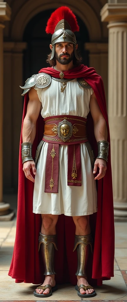 Front view , Full-body looking at viewer, sole, Titus, Empire of Roman, standing pose, stand in an ancient Roman palace, 30 years-old, handsome,( wave perm , brown hair , serious, Roman metal helmet , red chicken's crest design), normal body, (An ancient Roman emperor traditional imperial White wear), (body armor is leather and emboss of Apron face ), shoulder and arm protector , (Red crock), battle sandal, noon ,(Textured skin , HI Detail Skin, (Shorthand, Canon, 8k, Anatomically correct, Super Detail, Attention to detail, Your Highness)