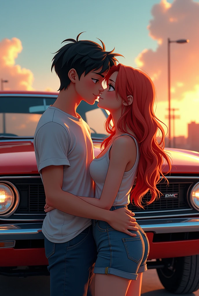 Anime boy and girl  infront of a Dodge car and kissing 