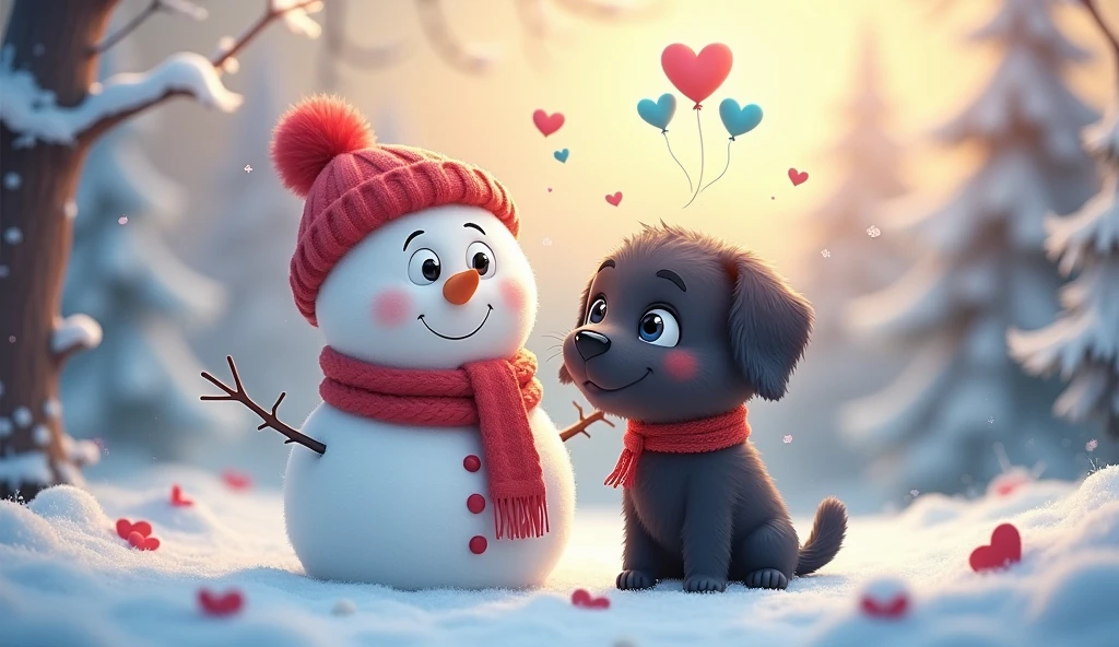 A charming fluffy white snowman wearing a red knitted hat and a red scarf with a heart design, a huge black dog. The snowman has bright, sparkling black eyes and a delicate, happy expression. It sits in an enchanting winter setting with blue heart-shaped balloons and heart-shaped snowflakes drifting around. The surrounding trees are laden with snow and the sky above glows with a gentle twilight yellow, contributing to a magical and affectionate mood. The image should embody a cartoon-like and extremely adorable style, with a soft-focus background to amplify the fairy-tale-like ambiance of the composition.