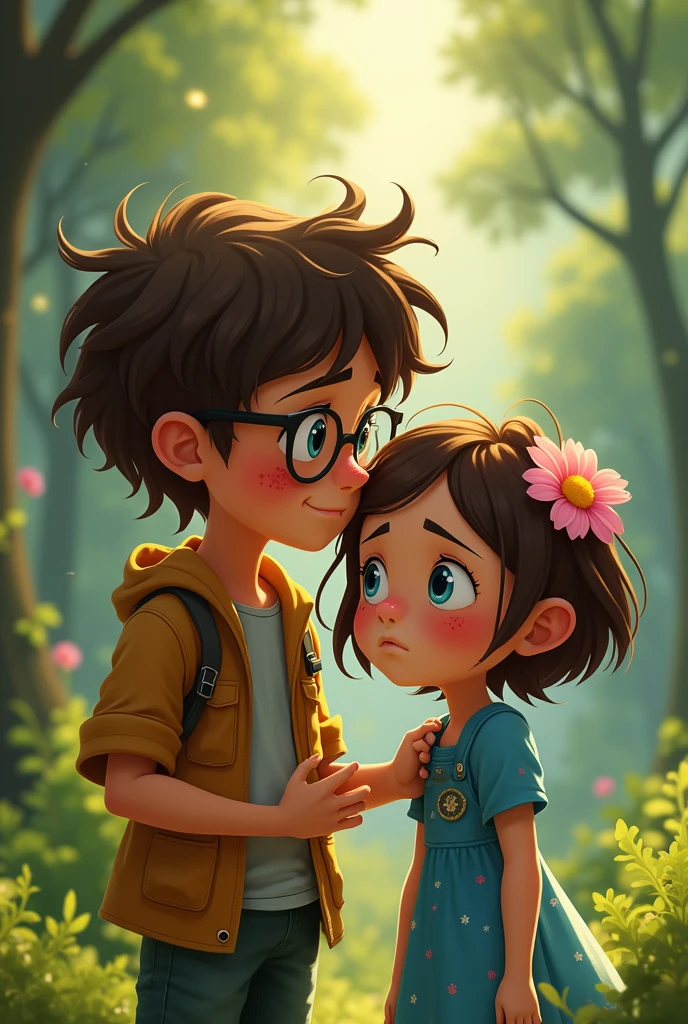 Description: Ángel look at her sad little sister (cielo) and Told her that if THEy go home he IS going to give her a gift so she acepted Happy (they still at forest)
Ángel: A 9-year-old small boy human with brown, slightly wavy, and messy hair. He wears glasses that frame his bright blue eyes. He is dressed in casual clothes with scratches and bruises on his arms and legs, showing his adventurous nature.
Cielo: A 4-year-old girl human with short brown hair that reaches just above her ears. She has a small pink flower in her hair. She wears a blue dress with tiny white floral
