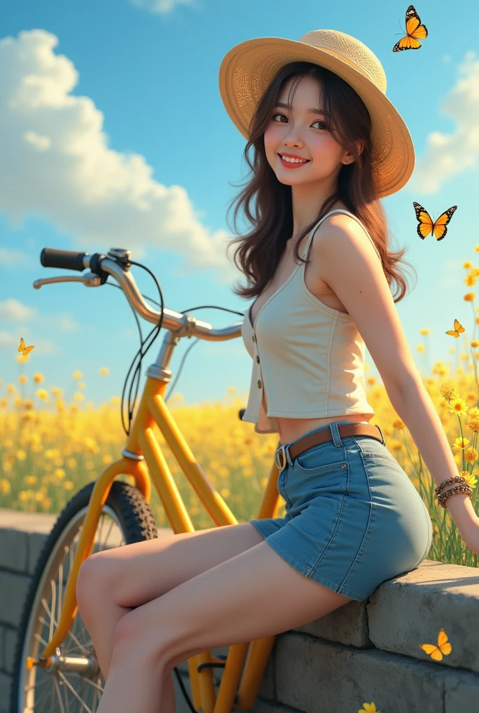 Hyper realistic detailed faces a very sexy beautiful girl wearing a light-colored straw hat, light-colored top, and slim blue mini skirt is smiling and sitting next to a stone wall, with a full yellow classic bike accompanying her. Masterpiece bike. There are colorful river fields in the foreground, blue sky and white clouds in the background, focus a beautiful girl with realistic faces and best eyes, and a few butterflies flying, masterpiece, UHD, 18K