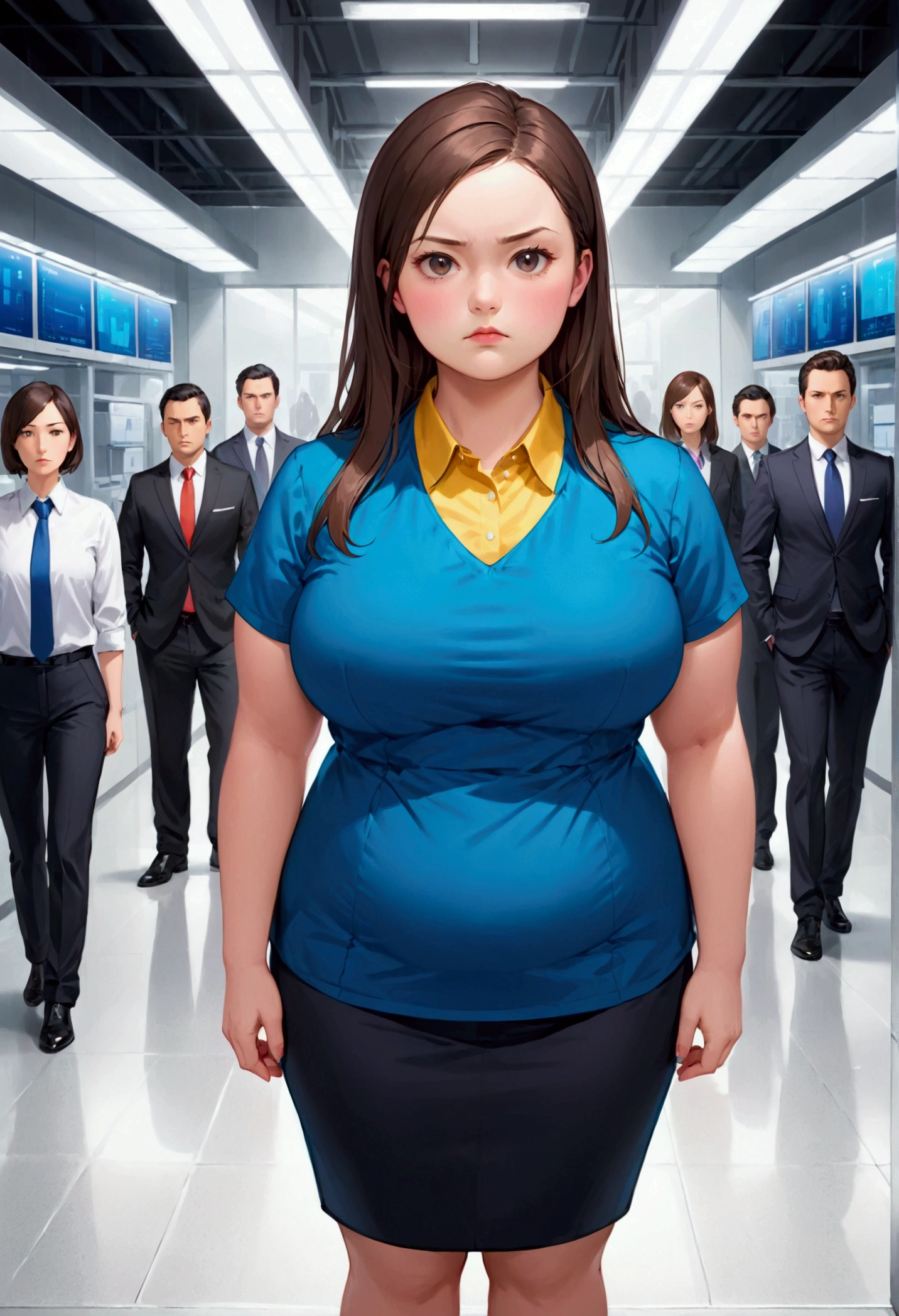 1 girl standing alone, fat biotype, rare, serious style, 28 year old girl face, vivid colors, business photo, shirt