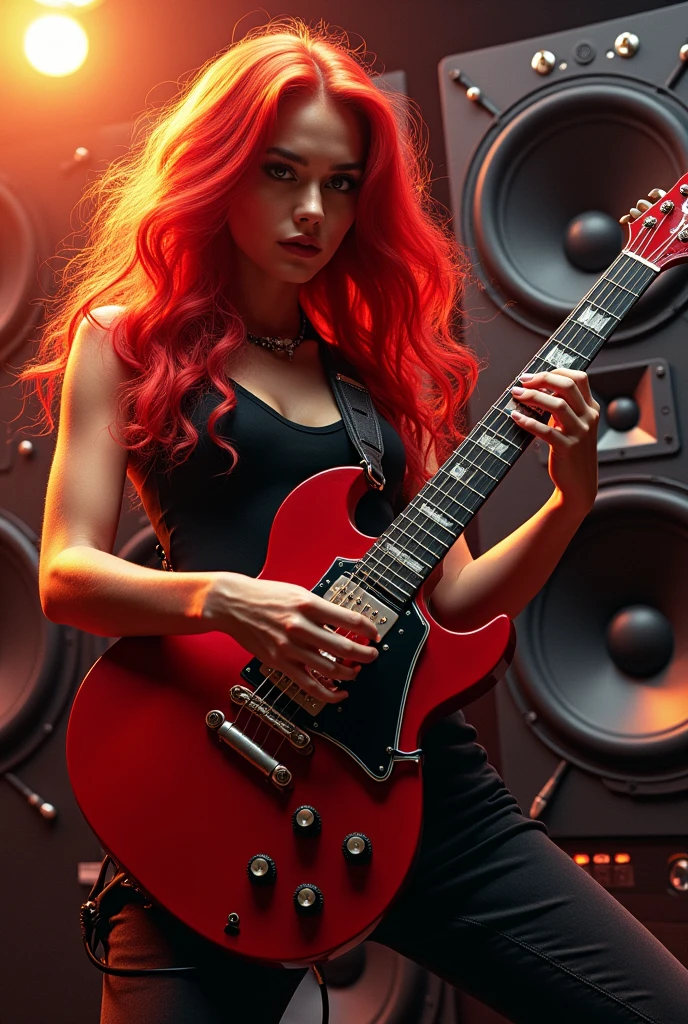Subwoofer, red hair, girl, guitar red, speaker