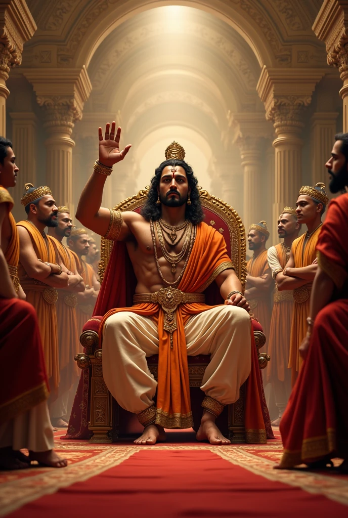 Make lord ram photo taking oath in palace with his minister and civilians lord ram is sitting in his throne and raising his hand  lord ram has no beard 