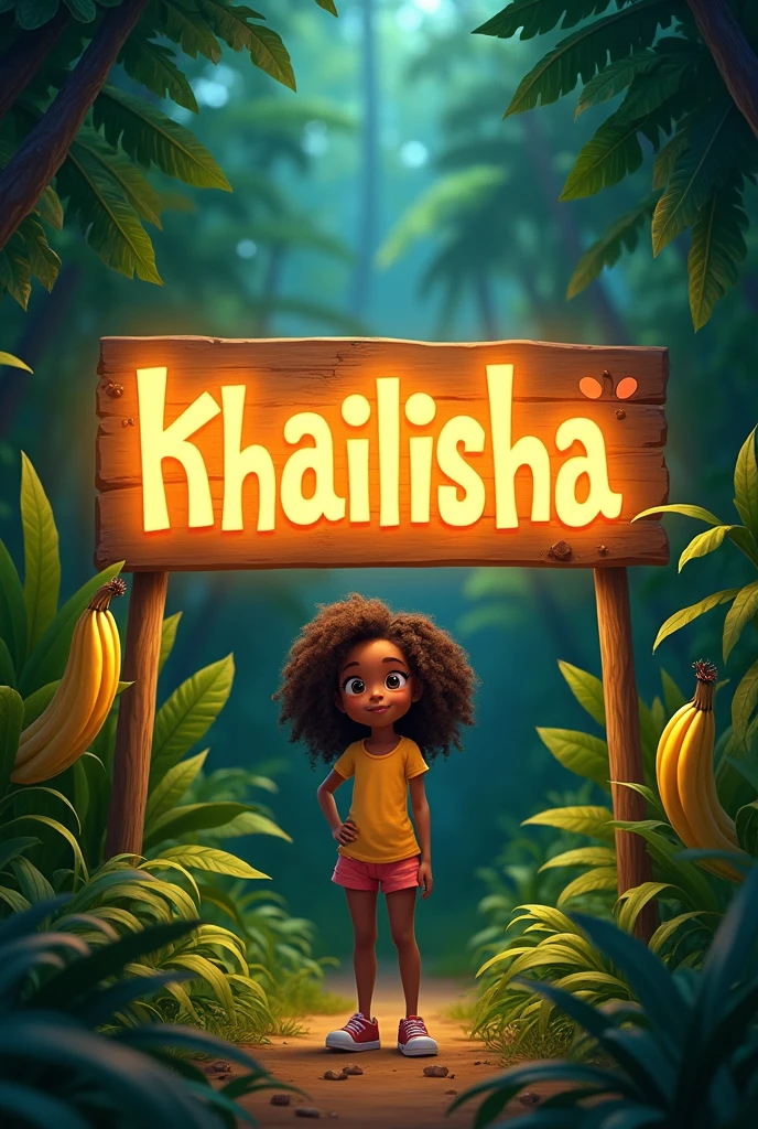 Write Khailisha gril on the big sinebord in the bush with some bananas growing on the side 