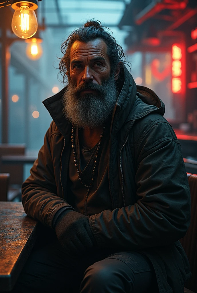cyberpunk style, bearded mountain man in coffee shop, highly detailed, HD, dark background