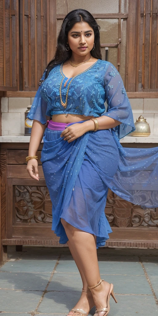 Day scene, A radiant, full-figured South Indian 35 year old aunty a blue colour chiffon mini skirt and black chiffon shirt, standing, in a garden captured in a full-body image with vibrant hues and meticulous details. Full body image