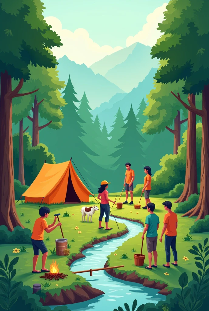 Create a contemporary poster design combining forest planting and forest camping activities