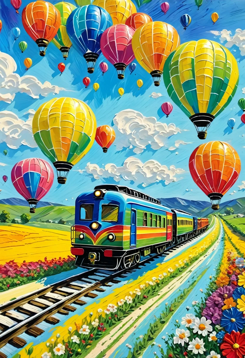 Acrylic paint，Thick coating，Texture，A painting of a train，Colorful balloons flying above，Fly over the fields, Vibrant gouache landscape, Colorful scene, colorful、Rich in details, Colorful artwork, Landscape Art Detail, On a sunny day, The art of detail, colorful art, 