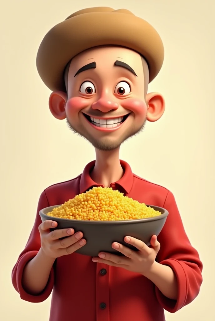 Cartoon character of a man and red shirt, an animated character, bald northeastern, with couscous in the mao, without hair, round hat from the northeast
