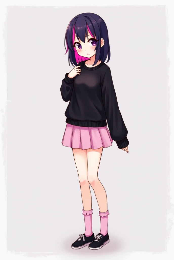 anime girl with dark purple hair and two pink streaks on her bangs, wearing a black sweatshirt, a short pink skirt and leggings, pink socks and black shoes
