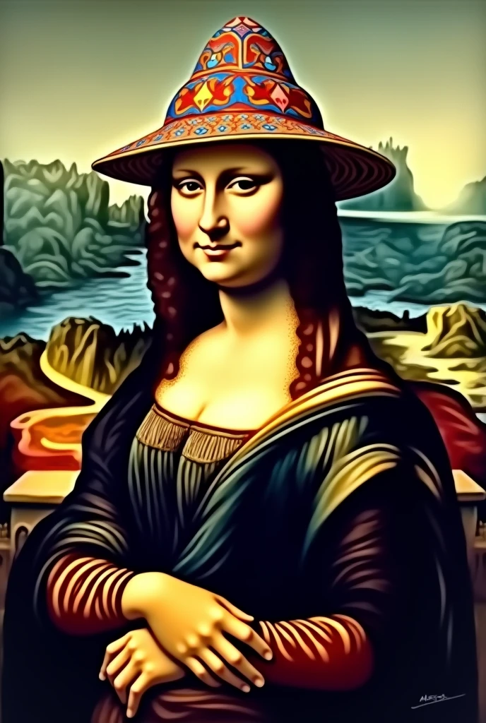 The Mona Lisa with a Peruvian chuyo and a background of Machu Picchu
