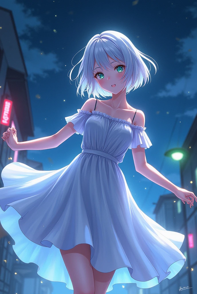 anime style, young adult woman, with one blue eye and one green eye, short white hair.
Beautiful and charming.
is dancing.
 at night with neon colored details.