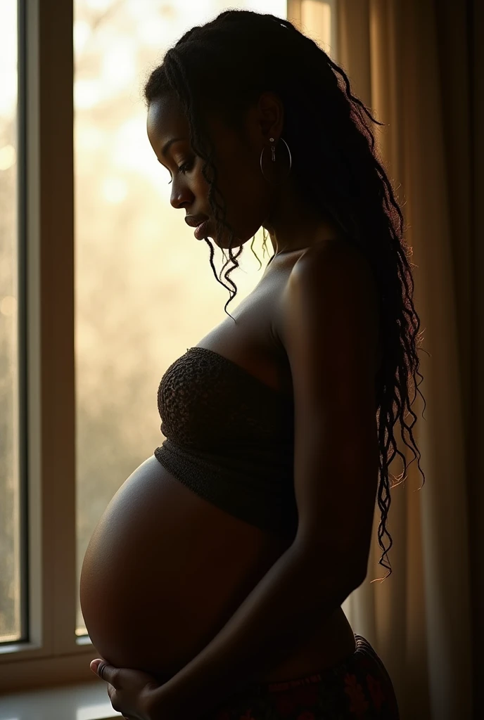 A stunning portrait of Michonne, She is pregnant, holding her belly, young and beautiful, hyper realistic, real portrait, backlit, exquisite features, cleavage, sexy, seductive, window, natural light, soft light