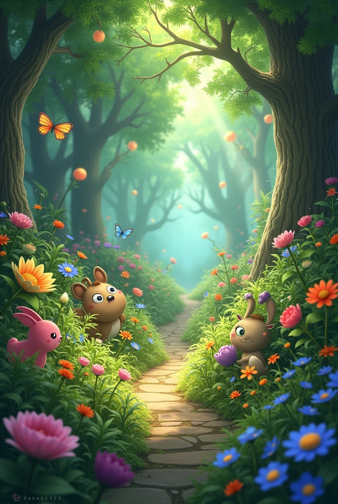 Restoration of the Forest**:
   - **Prompt**: "The Enchanted Forest flourishing once again, vibrant and alive with renewed magic. The scene is joyful, with happy creatures and blooming