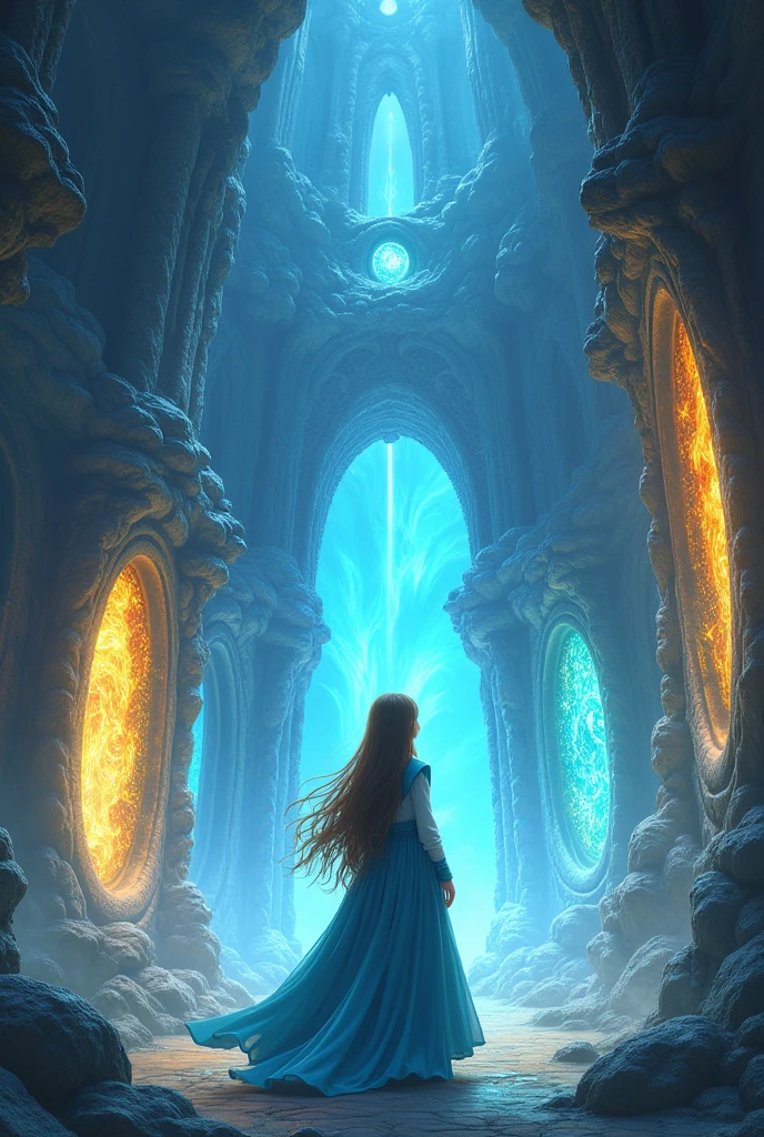 (Photodibujoanimado:2.3) A girl in a blue medieval dress and long hair in front of several portals that take you to fantasy places