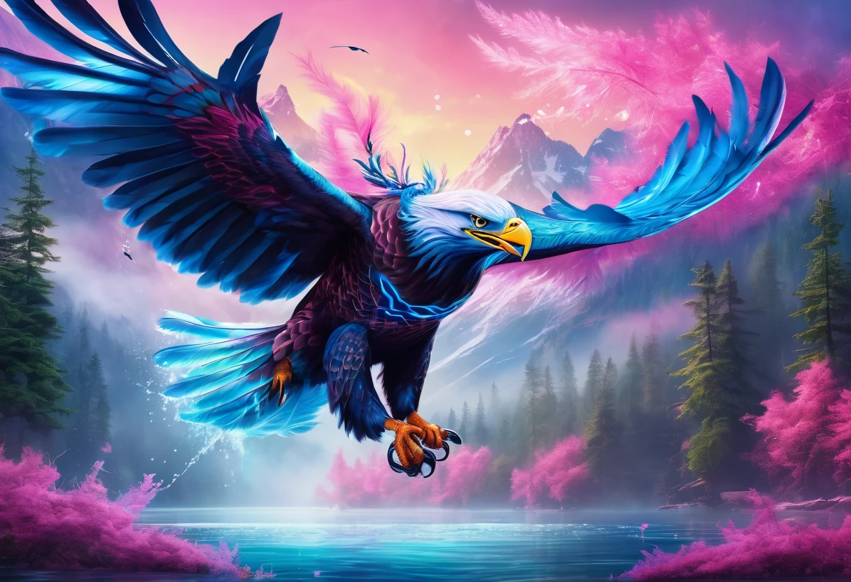 (Fantasy) An electric eagle (blue color schemed feathers, glowing eyes) is flying up in the air with a big pink salmon in its claws, water disturbed under the fish, serene lake and forest