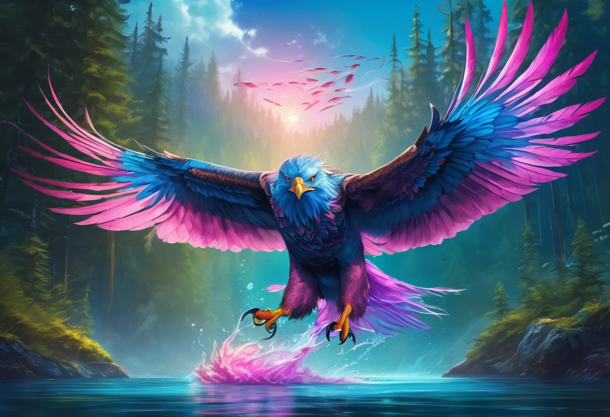 (Fantasy) An electric eagle (blue color schemed feathers, glowing eyes) is flying up in the air with a big pink salmon in its claws, water disturbed under the fish, serene lake and forest