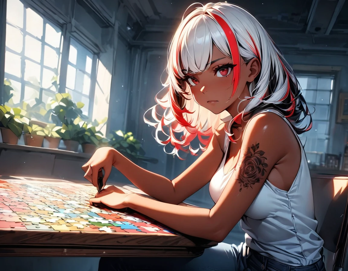 (highest quality:1.2, Very detailed, up to date, Vibrant, Ultra-high resolution, High Contrast, masterpiece:1.2, highest quality, Best aesthetics), Portraiture、girl、singer, solo, ((25-years-old:1)), Bright colors, Beautiful fine details、Beautiful lip detail、medium wave hair、red and white ((streaked hair:1.6)), highlights hair: 1.5, red eyes, slim body, medium breast, (tan skin:1.1), (Floral Fineline tattoo design on left arm:1), tank top, jeans, playing puzzle, sitting at the table, (Serious:1.3), in her room, huge window background, sunshine, ((upper body:1))
