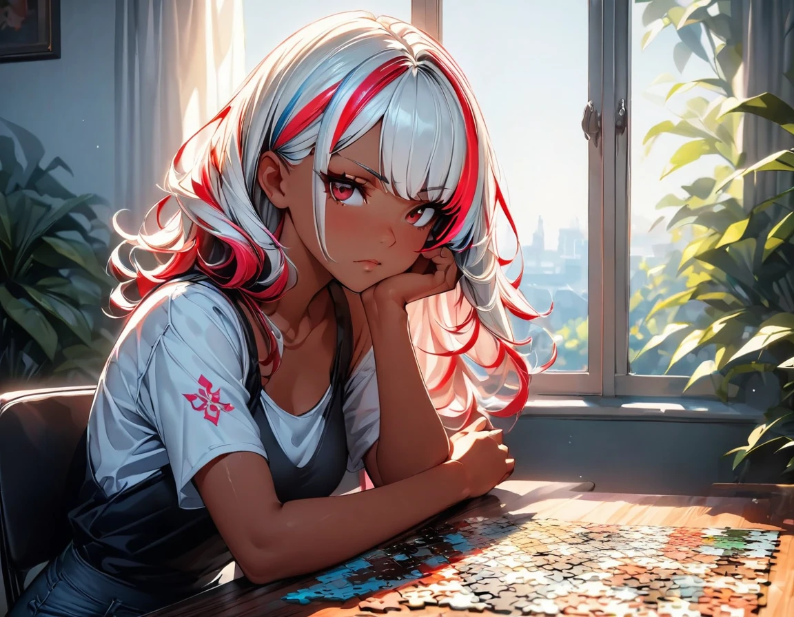 (highest quality:1.2, Very detailed, up to date, Vibrant, Ultra-high resolution, High Contrast, masterpiece:1.2, highest quality, Best aesthetics), Portraiture、girl、singer, solo, ((25-years-old:1)), Bright colors, Beautiful fine details、Beautiful lip detail、medium wave hair、red and white ((streaked hair:1.6)), highlights hair: 1.5, red eyes, slim body, medium breast, (tan skin:1.1), (Floral Fineline tattoo design on left arm:1), tank top, jeans, playing puzzle, sitting at the table, (Serious:1.3), in her room, huge window background, sunshine, ((upper body:1))