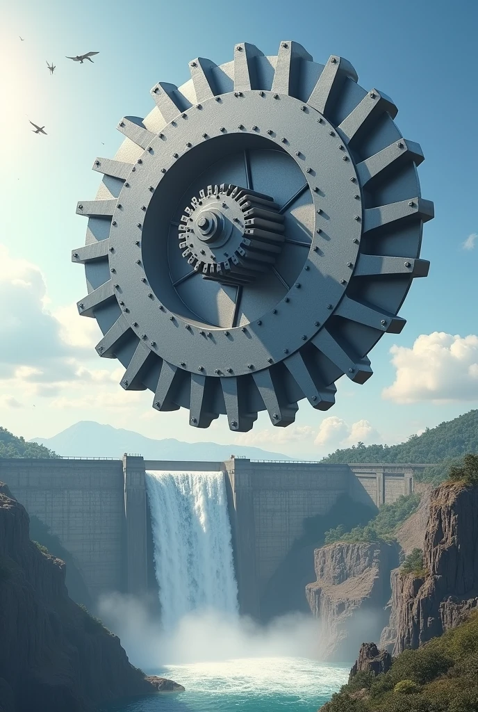 Create an image of a francis rotor floating in the sky above a dam like itaipu