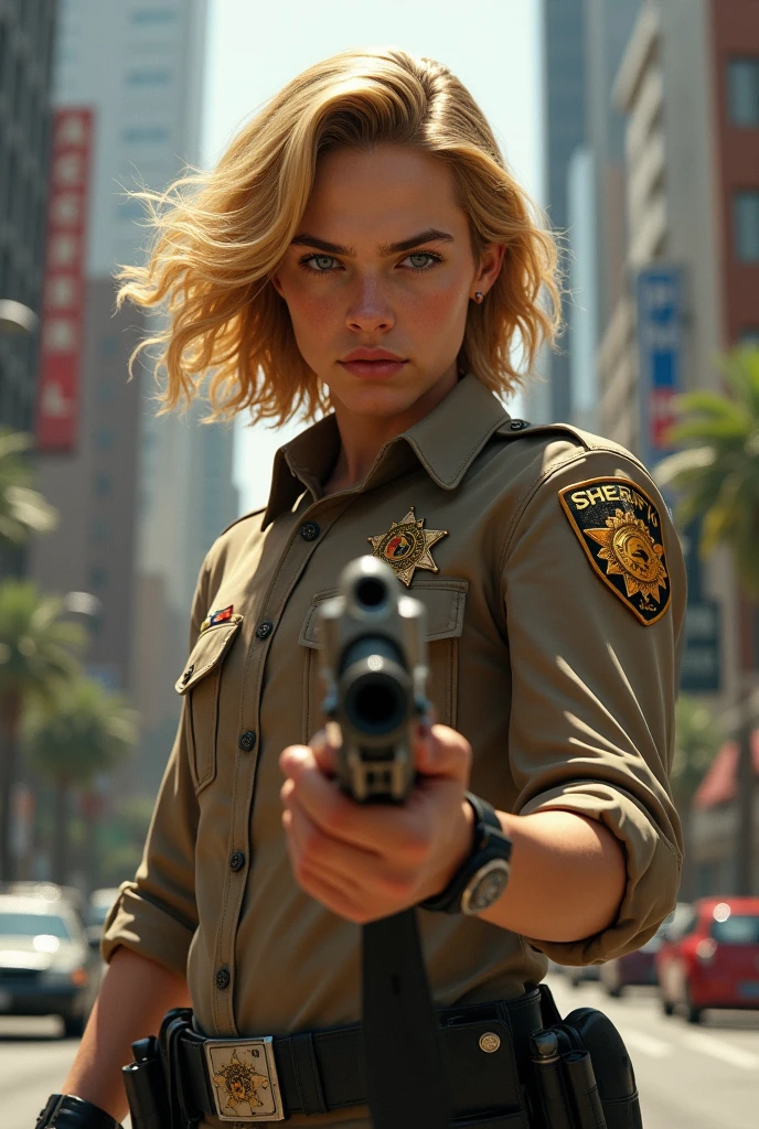 sheriff of los angeles, blonde with wavy hair (boy) uses a gun