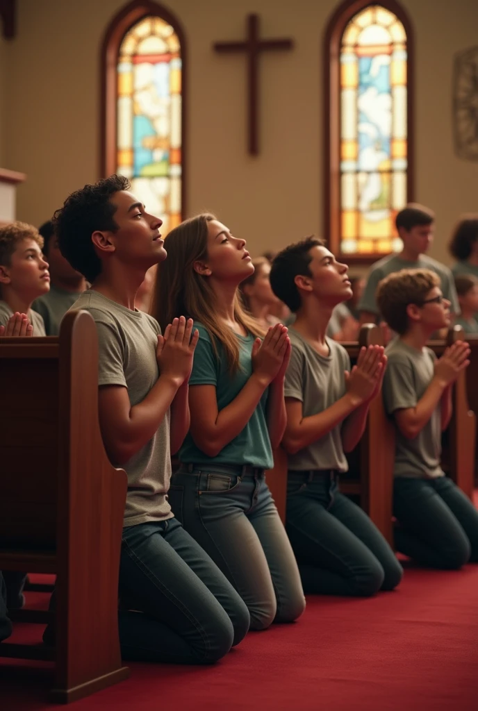 Young people on their knees praying in an evangelical church