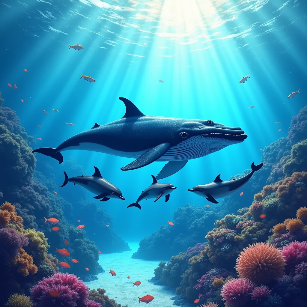 In the seaの世界、High resolution, masterpiece, 最高quality, detail, 高いdetail, quality, Very detailed, Healing、Large Humpback Whale:1、Dolphin:3、Sparkling sea foam、Dutch Angle, Sony FE, Ultra Wide Angle, Sparkle Effect, Lens flare, Digital Art, Soft Light, Colorful Fish、beautiful clear sea、Tahiti、Air bubbles、Coral Reef、Healingのイラストレーション、Killer whale、Lots of fish、In the sea、