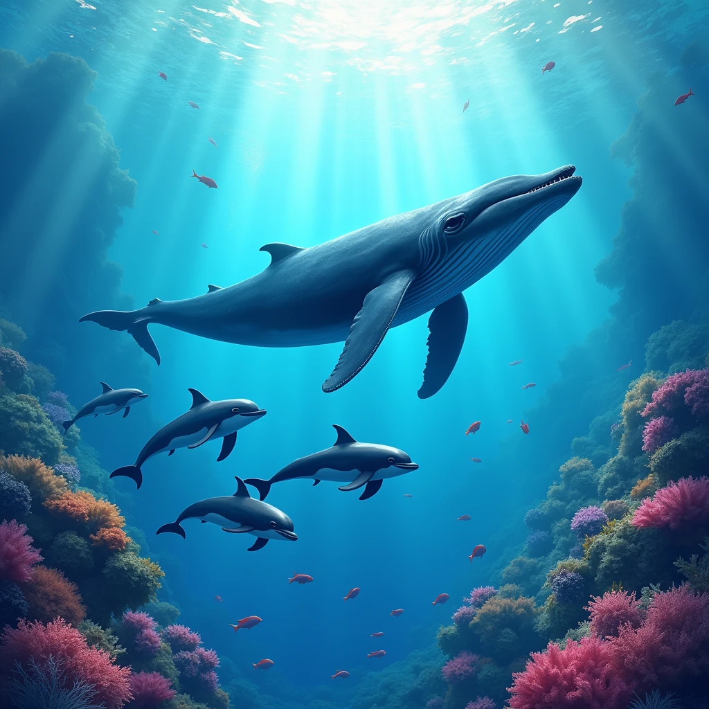 In the seaの世界、High resolution, masterpiece, 最高quality, detail, 高いdetail, quality, Very detailed, Healing、Large Humpback Whale:1、Dolphin:3、Sparkling sea foam、Dutch Angle, Sony FE, Ultra Wide Angle, Sparkle Effect, Lens flare, Digital Art, Soft Light, Colorful Fish、beautiful clear sea、Tahiti、Air bubbles、Coral Reef、Healingのイラストレーション、Killer whale、Lots of fish、In the sea、