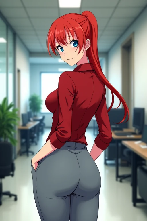 Anime Japanese female Office worker Uniform Red hair Long hair Low ponytail Blue eyes Scarlet shirt Oversized light grey slacks Large breasts Big butt Office hallway