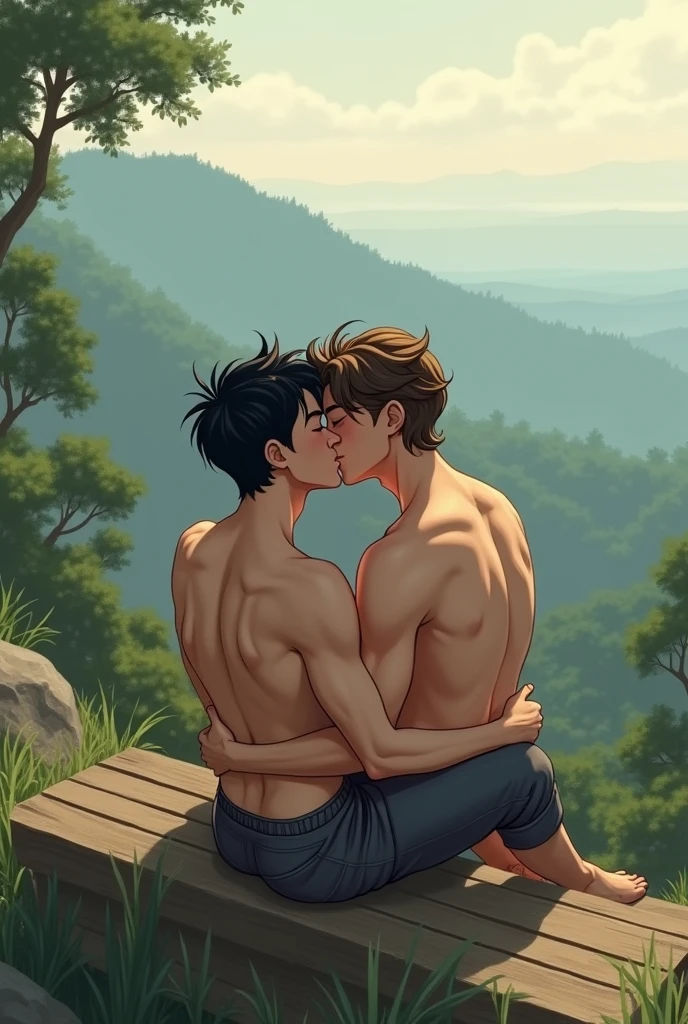 Create an image of two boys on a bench on top of a mountain with trees around them. The boy sitting is white with short black hair wearing shorts and a sleeveless t-shirt with defined muscles., on his lap is the other skinny boy with messy brown curly hair wearing black pants and a plaid shirt. The two approaching to kiss each other with their hands on each other's heads. Make the image with reference in yaoi manhwas imitating a painting with blurred brushstrokes in pastel tones.