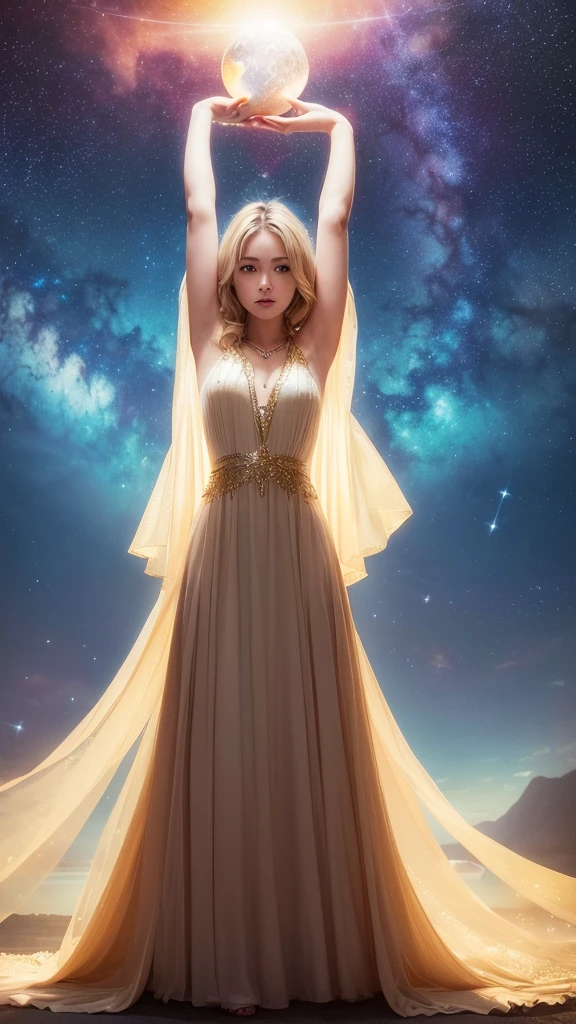 (masterpiece、Highest quality、High resolution、8K、16K)、((Alone in space、Beautiful Goddess、Standing posture、フローティング in the sky like a star))、(whole body)、Golden Cape、White long dress、No sleeve、Gold Bracelet、Blonde Hair、Beautiful brown eyes、Detailed face、Graceful operation、Close your eyes and spread your arms out to the sides、Palm facing up、Professional Lighting、The universe is full of light、Countless stars and nebulae、