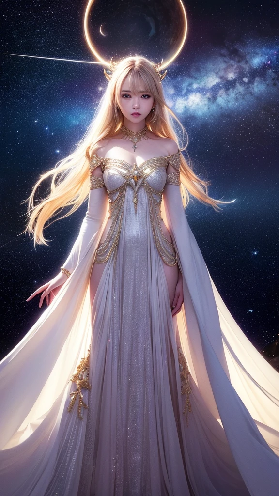 (masterpiece、Highest quality、High resolution、8K、16K)、((Alone in space、Beautiful Goddess、Standing posture、フローティング in the sky like a star))、(whole body)、Golden Cape、White long dress、No sleeve、Gold Bracelet、Blonde Hair、Beautiful brown eyes、Detailed face、Graceful operation、Close your eyes and spread your arms out to the sides、Palm facing up、Professional Lighting、The universe is full of light、Countless stars and nebulae、