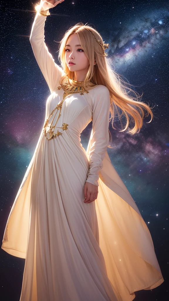 (masterpiece、Highest quality、High resolution、8K、16K)、((Alone in space、Beautiful Goddess、Standing posture、フローティング in the sky like a star))、(whole body)、Golden Cape、White long dress、No sleeve、Gold Bracelet、Blonde Hair、Beautiful brown eyes、Detailed face、Graceful operation、Close your eyes and spread your arms out to the sides、Palm facing up、Professional Lighting、The universe is full of light、Countless stars and nebulae、