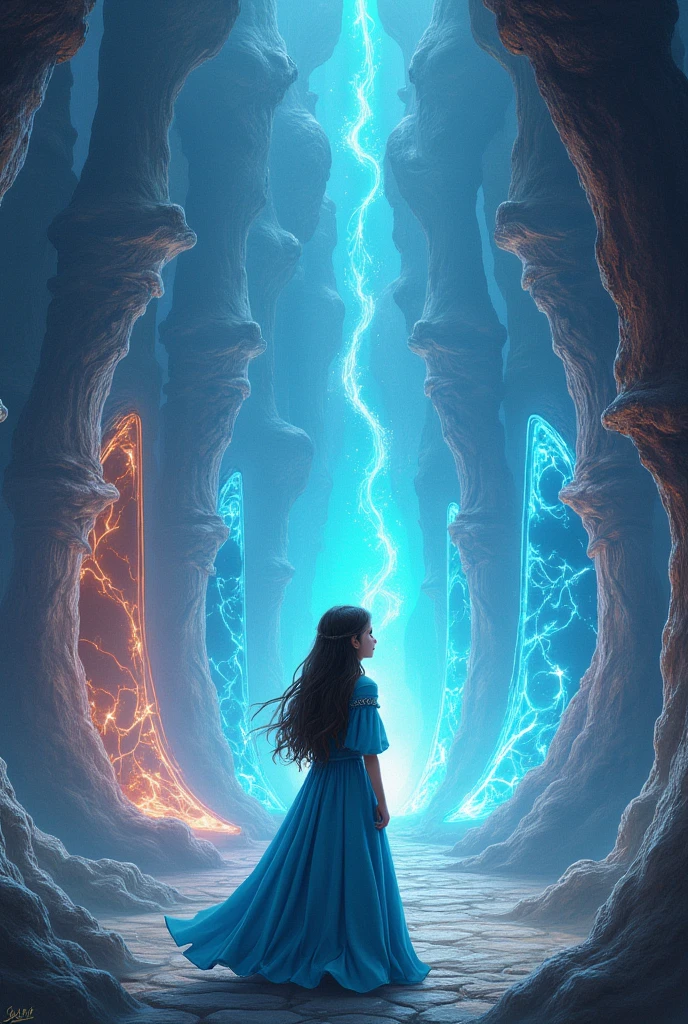 (Photodibujoanimado:2.3) A girl in a blue medieval dress and long hair in front of several portals that take you to fantasy places