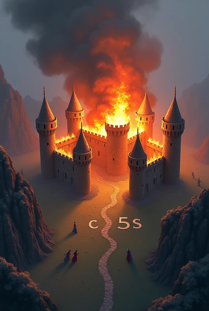 Last War game in war in miniature castles, all castles with the same strength and sizes. Of five castles, two of them are in burning flames with 2D game graphics with the alliance initials written &#39;c5S&#39; 