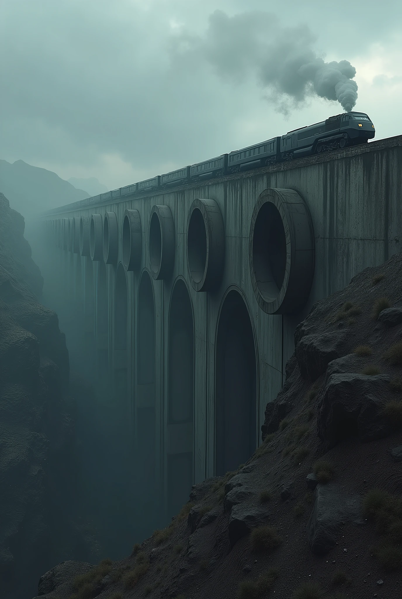 make a giant dark concrete wall 30 meters high and have ten round pipes with 15 meter diameter openings coming out of it, the wall is over a canyon, the pipes are huge dark and abandoned, alien structure with cloudy and stormy sky, dark rocky soil, steam coming out of the pipes, there is a dark hyper futuristic train passing over the wall at high speed