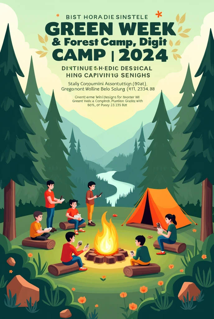Create a contemporary poster design combining forest planting and group camping activities, with the title GREEN WEEK & FOREST CAMP 2024