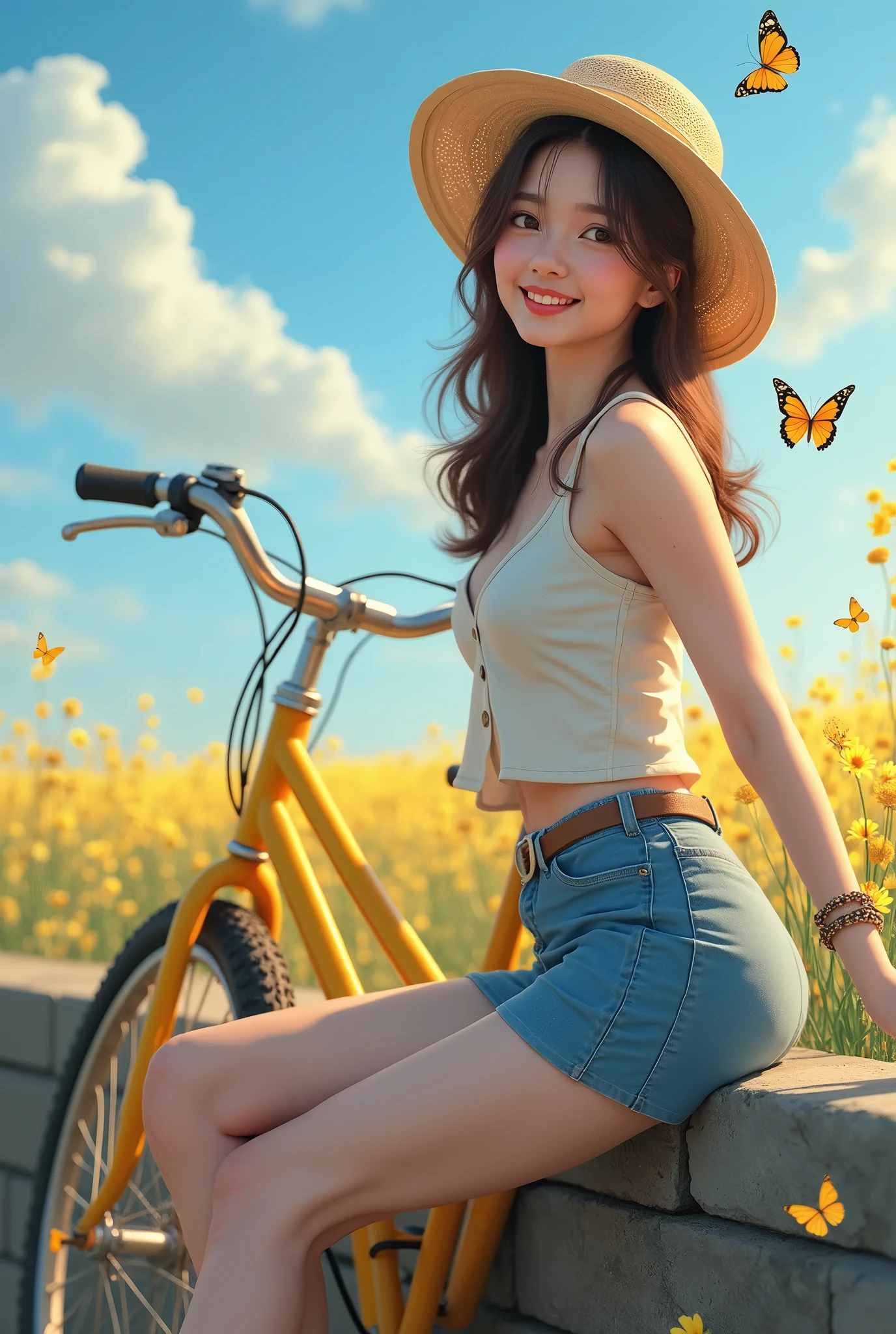 Hyper realistic faces a very sexy beautiful girl wearing a light-colored straw hat, light-colored top, and slim blue mini skirt is smiling and sitting next to a stone wall, with a full yellow classic bike accompanying her. Masterpiece bike. There are colorful river fields in the foreground, blue sky and white clouds in the background, focus a beautiful girl with realistic faces and best eyes, and a few butterflies flying, masterpiece, UHD, 18K