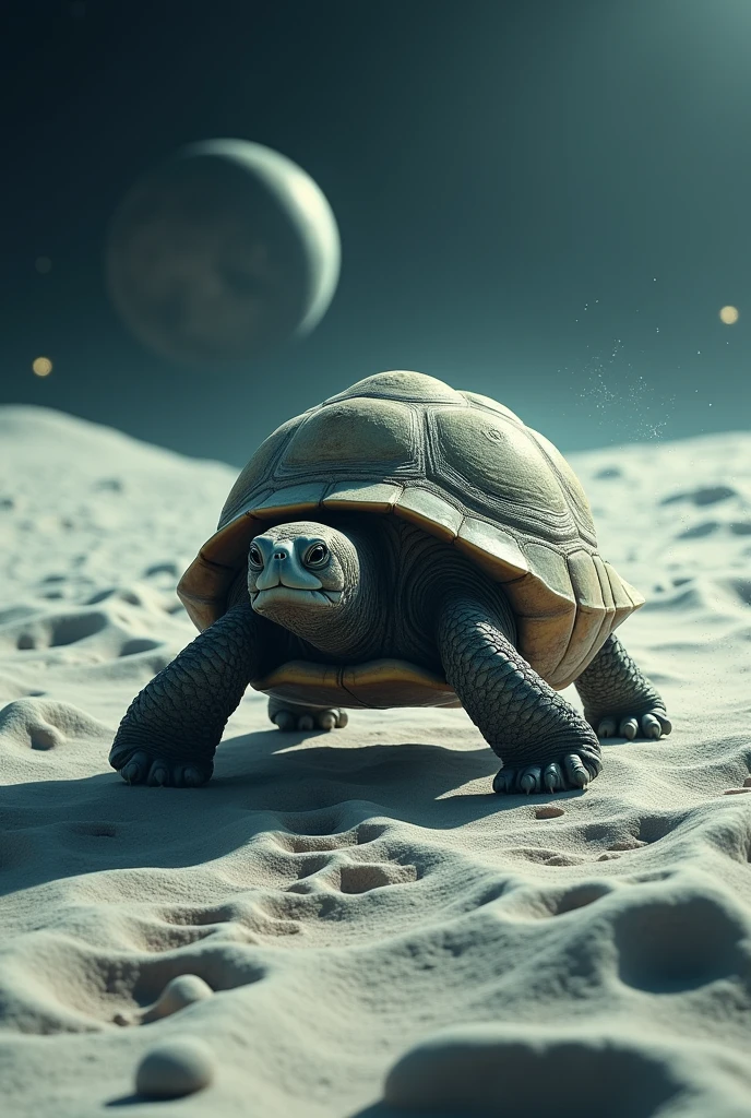 A turtle walking to the moon leaving footprints