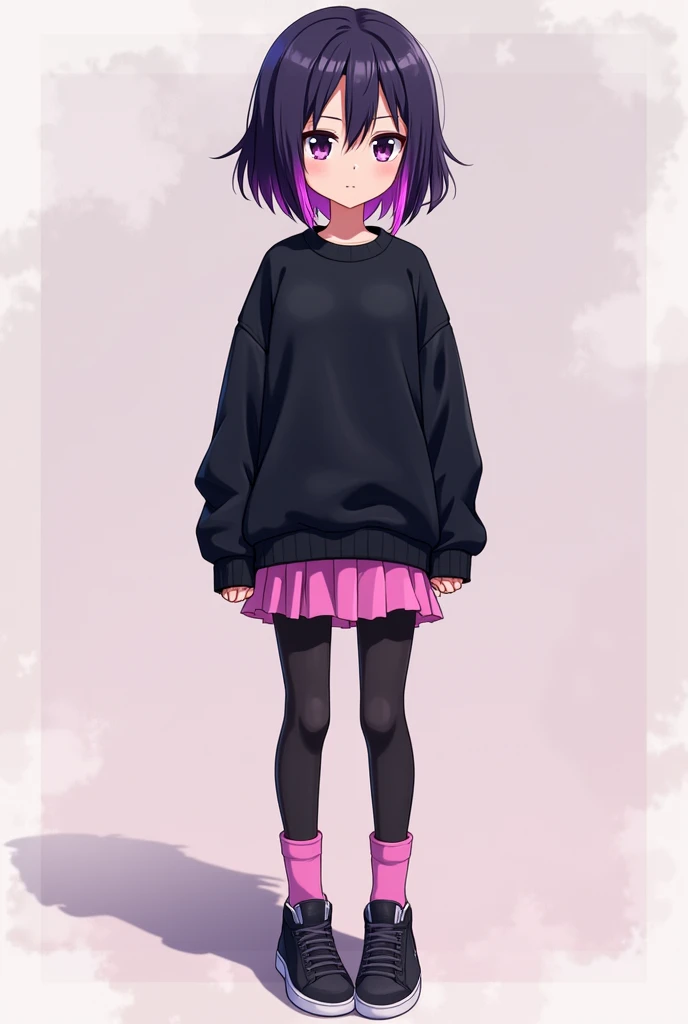 anime girl with dark purple hair and two pink streaks on her bangs, wearing a black sweatshirt, a short pink skirt and black  leggings, pink socks and black shoes