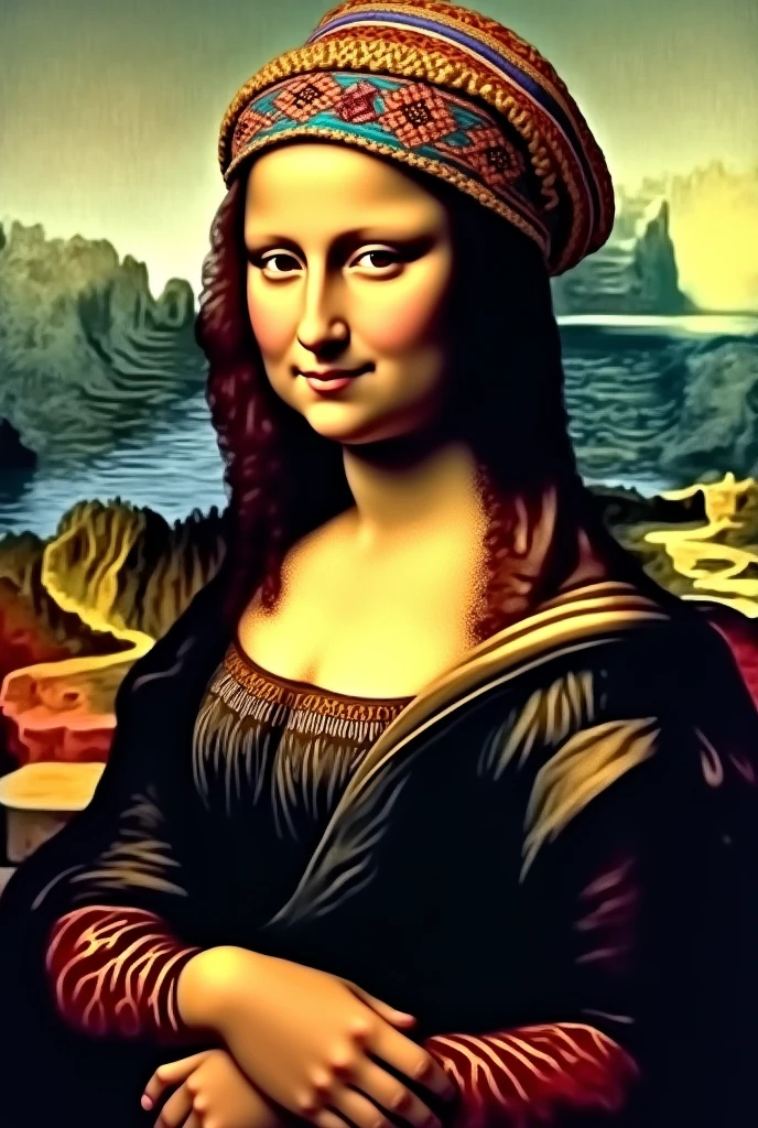 The Mona Lisa with a Peruvian Chuyo , and with a background of the image of Machu Picchu