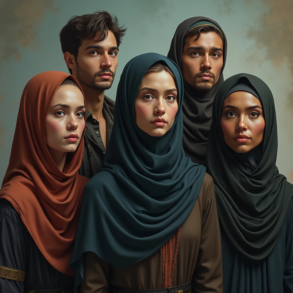 ((3 men), (3 women wear hijab)), extreme detail, masterpiece, 4k, gaming character, 3D character, proportional