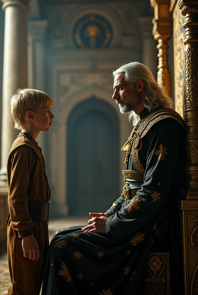 Generate a beautiful 16 year old boy with blonde hair and simple ancient tunics, standing in front of a massive 4 post bed with the king sitting on it. The king is a pale, black haired and blue eyes man who looks around 25 and has no facial hair, and he wears a kingly garb which is black and gold with golden tree designs on it. The king is looking up at the 16 year old boy with curious eyes. Ancient settings, massive chambers.Captured as a cinematic film still, shot on a V-Raptor XL, the scene is enhanced with film grain, vignette, color grading, and post-processing. The cinematic lighting and 35mm film quality create an atmospheric, epic, and stunning masterpiece, full of dramatic flair.
